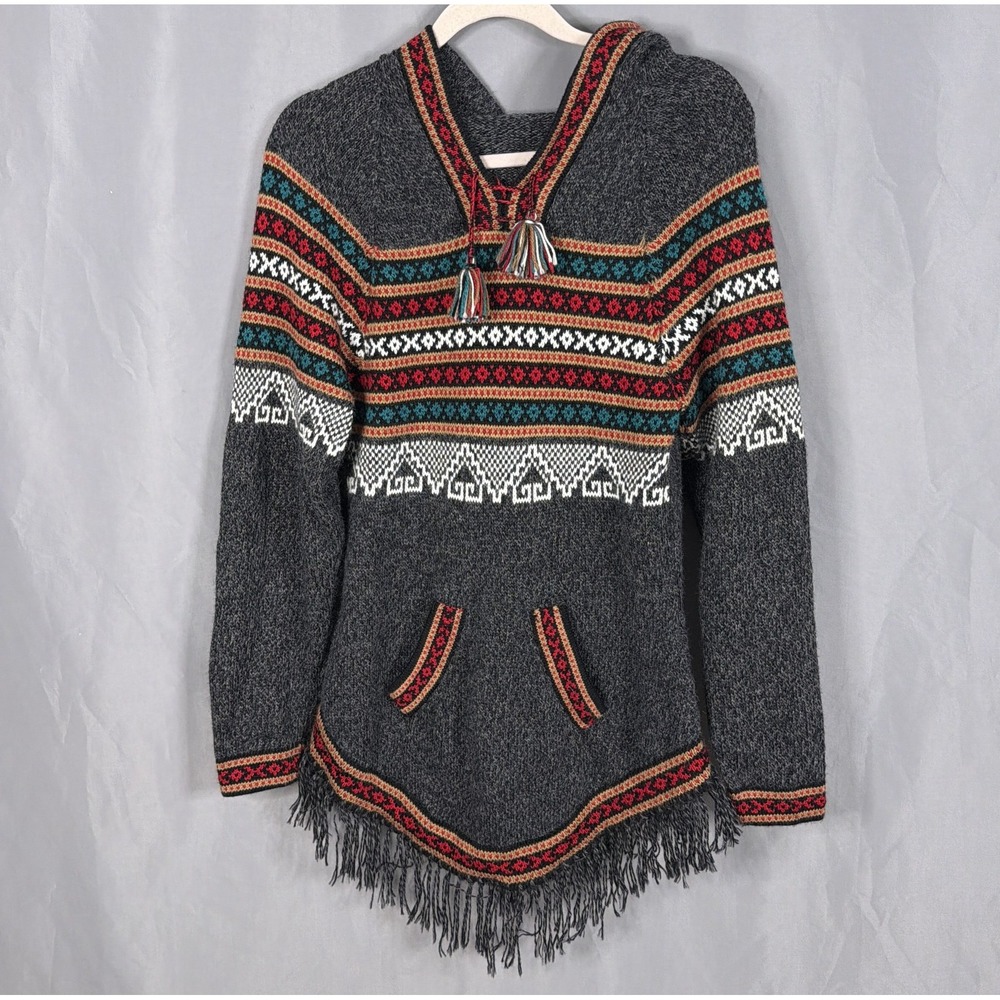 Peruvian Alpaca Sweater Womens One Size Gray Hooded Aztec Fringe Boho Tunic
